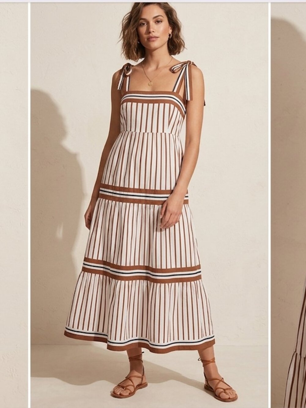 Everlily Tiered Midi Dress White Brown Stripes Tie Straps Women's Medium